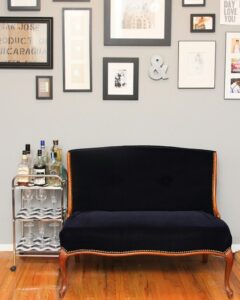 Settee and bar cart.